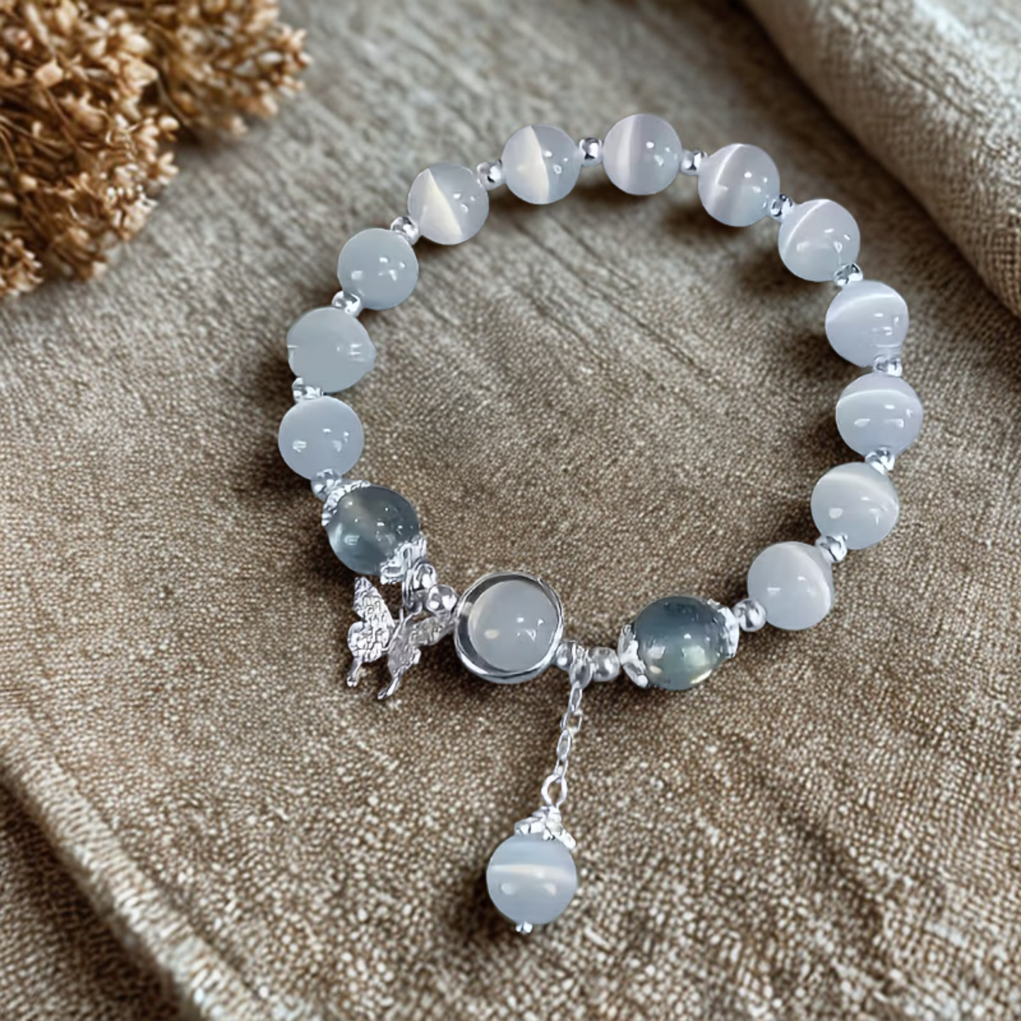Elegant Glass Moonstone Beaded Bracelet with Butterfly Charm
