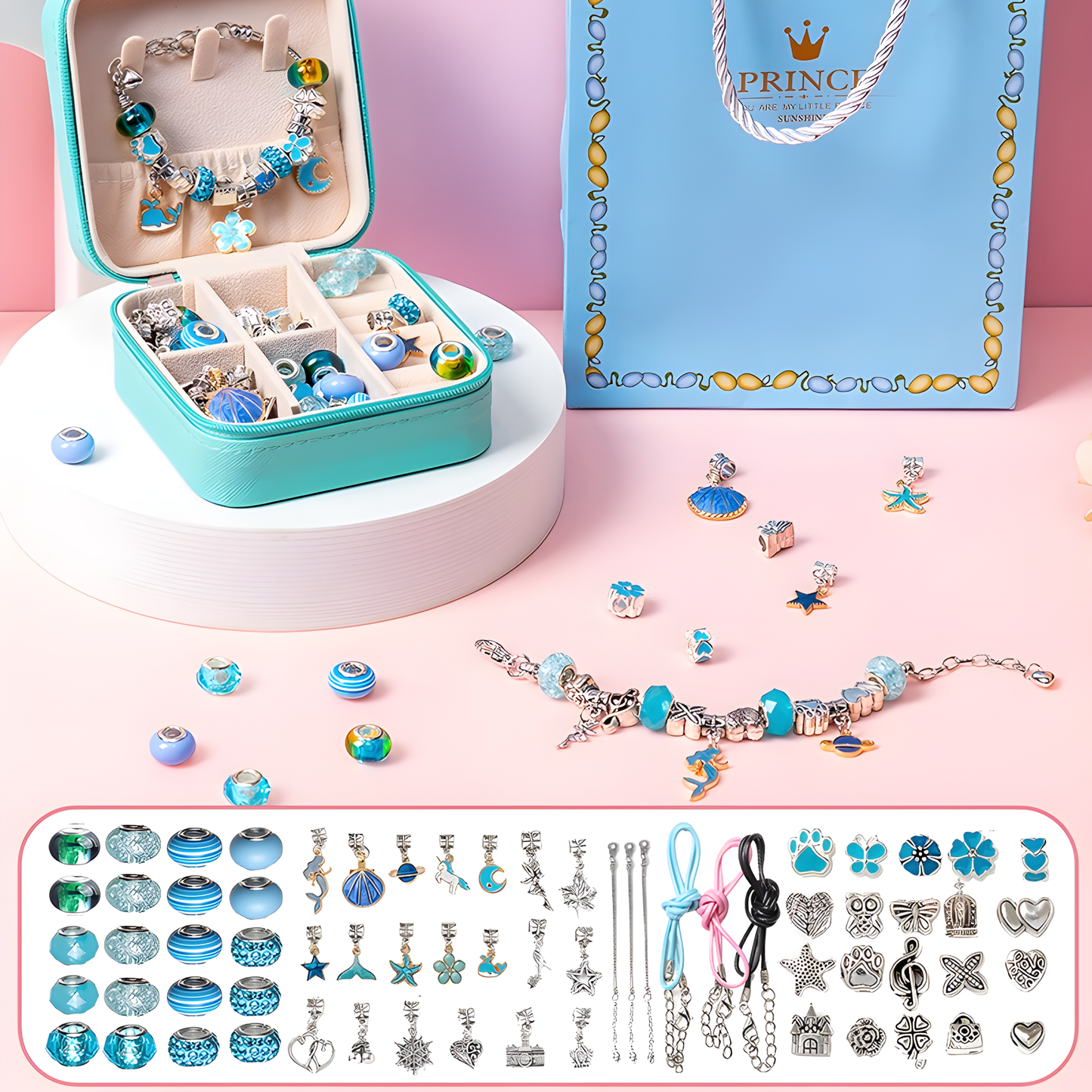 68 Pcs DIY Charm Bracelet kit and Necklace Making Set with Jewellery Box and Gift Bag