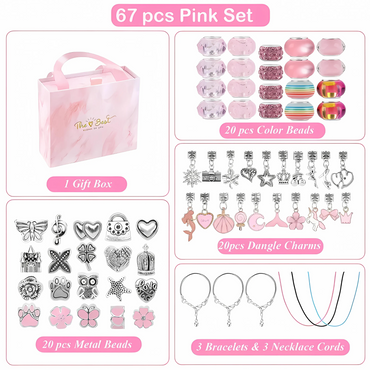67 Pcs DIY Pink Charm Bracelet and Necklace Making Gift Box Kit