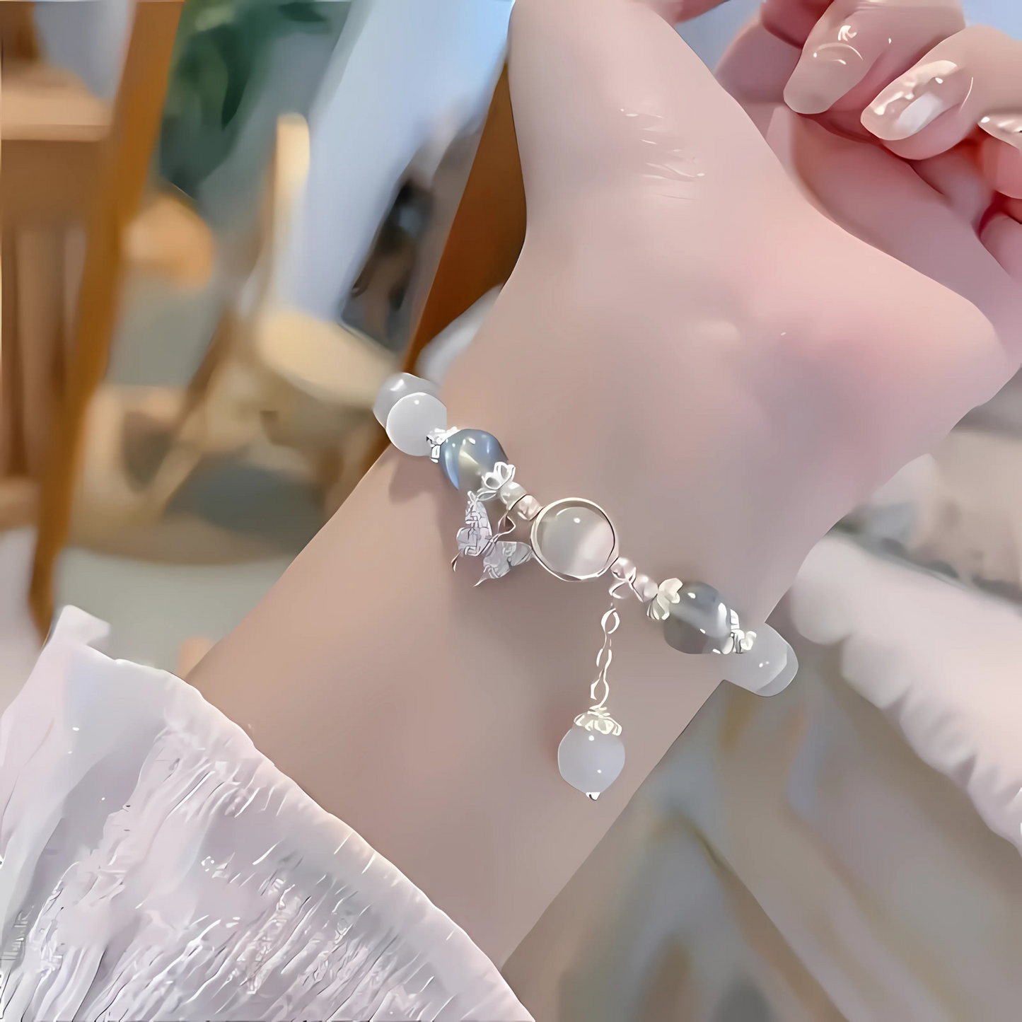 Elegant Glass Moonstone Beaded Bracelet with Butterfly Charm
