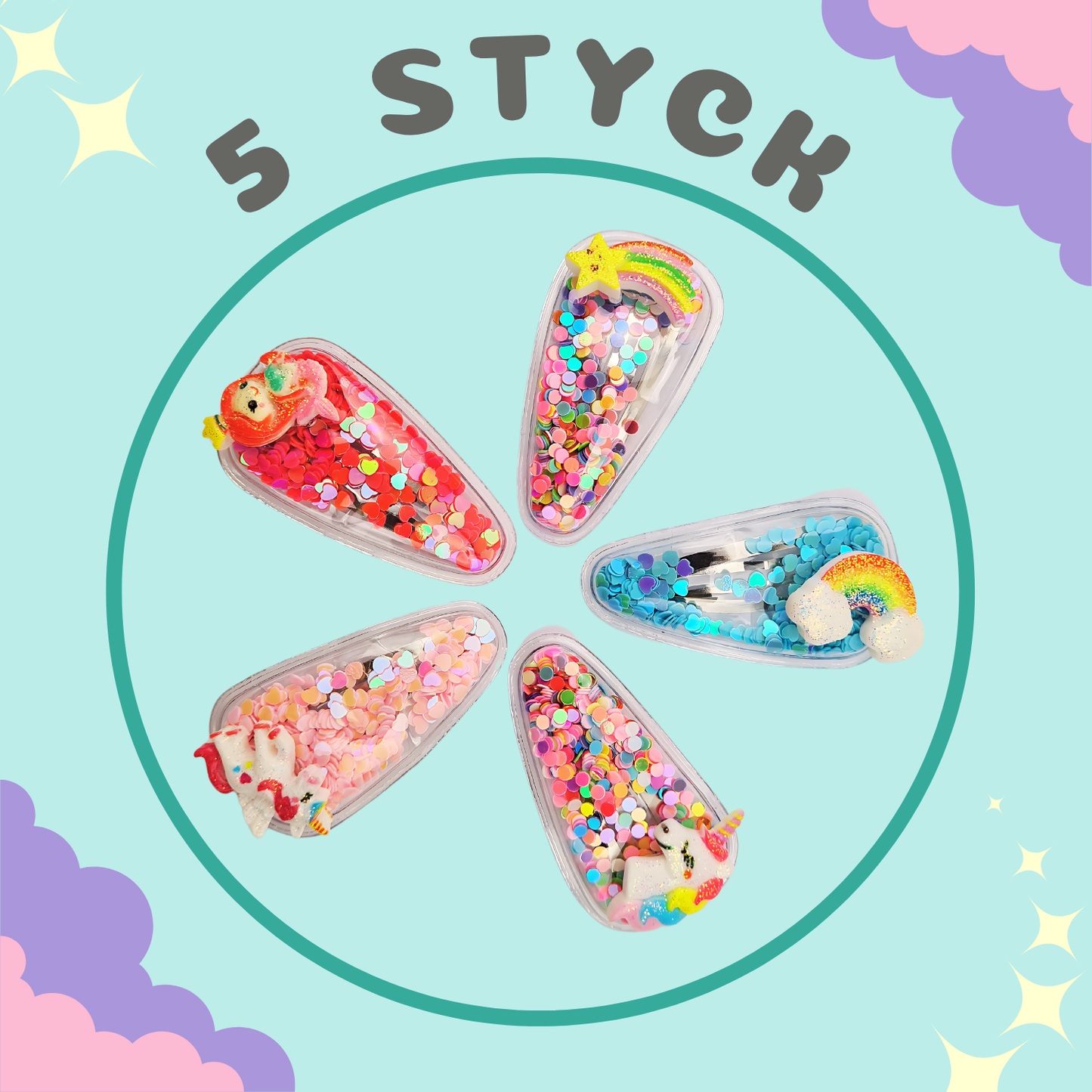 Glitter Quicksand Hair Clips – Set of 5 Sparkly Styles