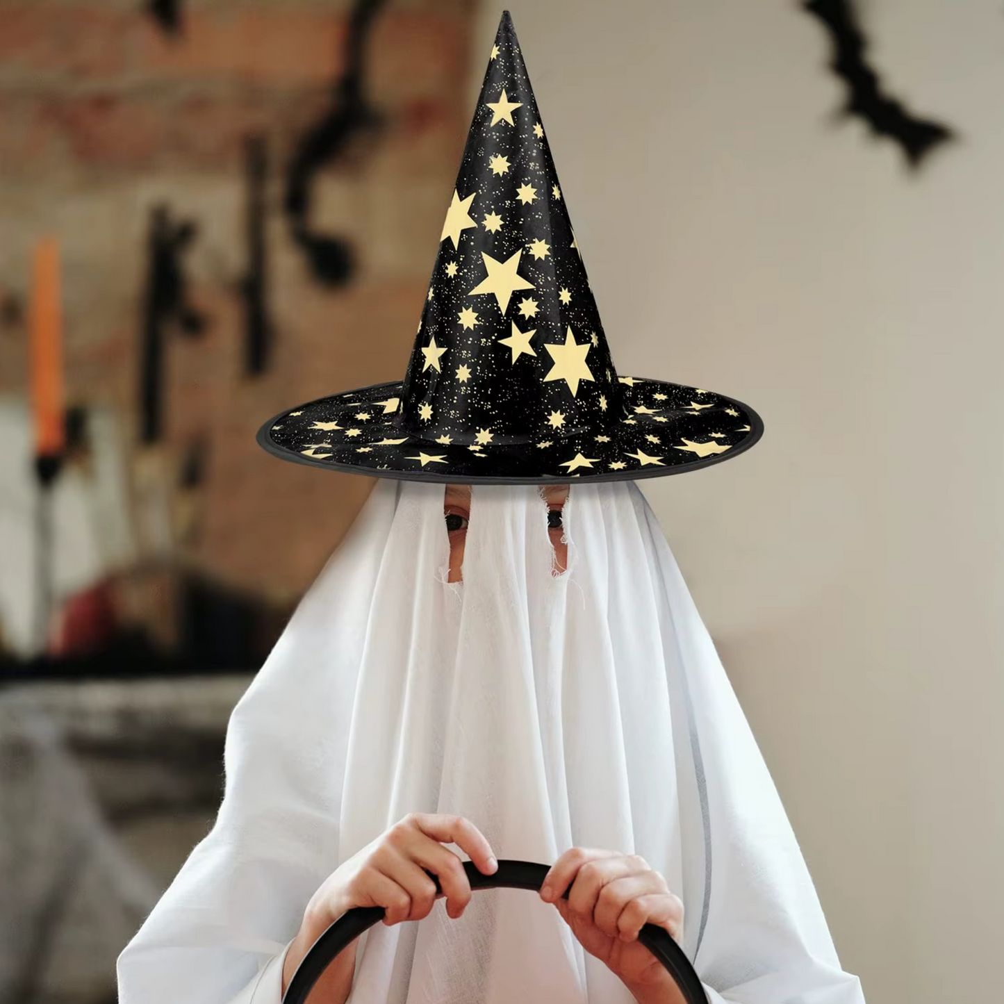 Black Witch Hat Halloween with Golden Stars for Cosplay and Festive Fun