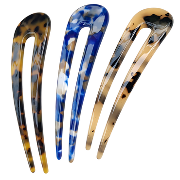 U-Shaped Hair Pin – 12 cm – Tortoise, Beige & Marble Blue