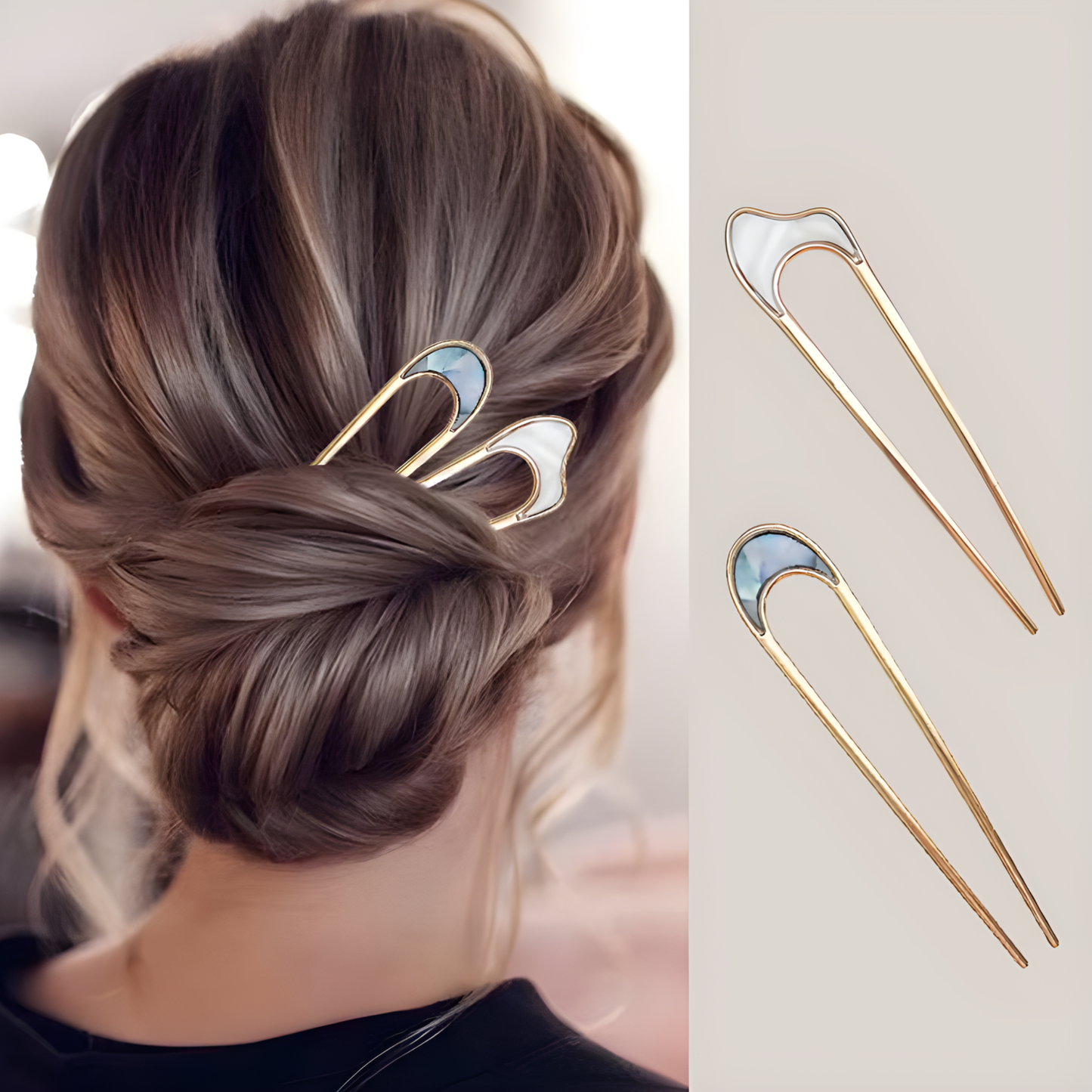 Metal U-Shaped French Gold Hair Pin with marble design