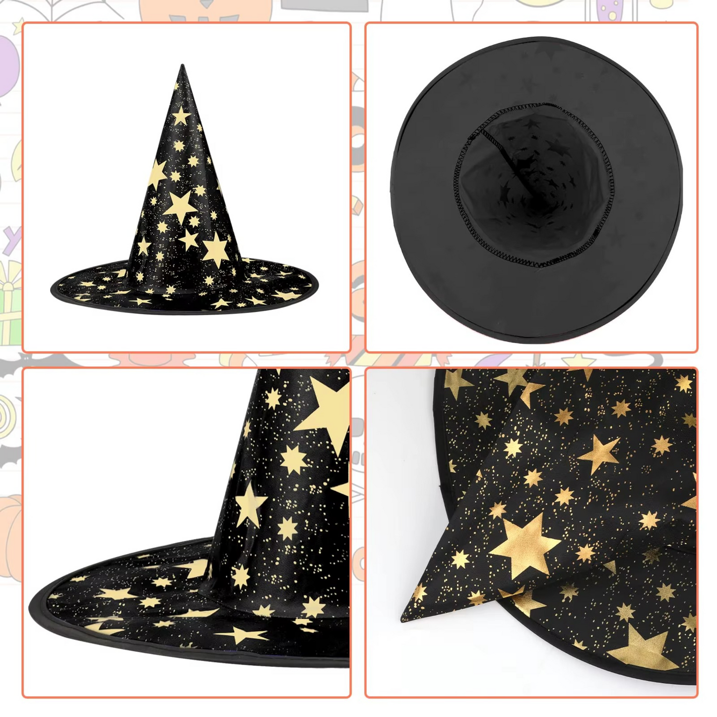 Black Witch Hat Halloween with Golden Stars for Cosplay and Festive Fun