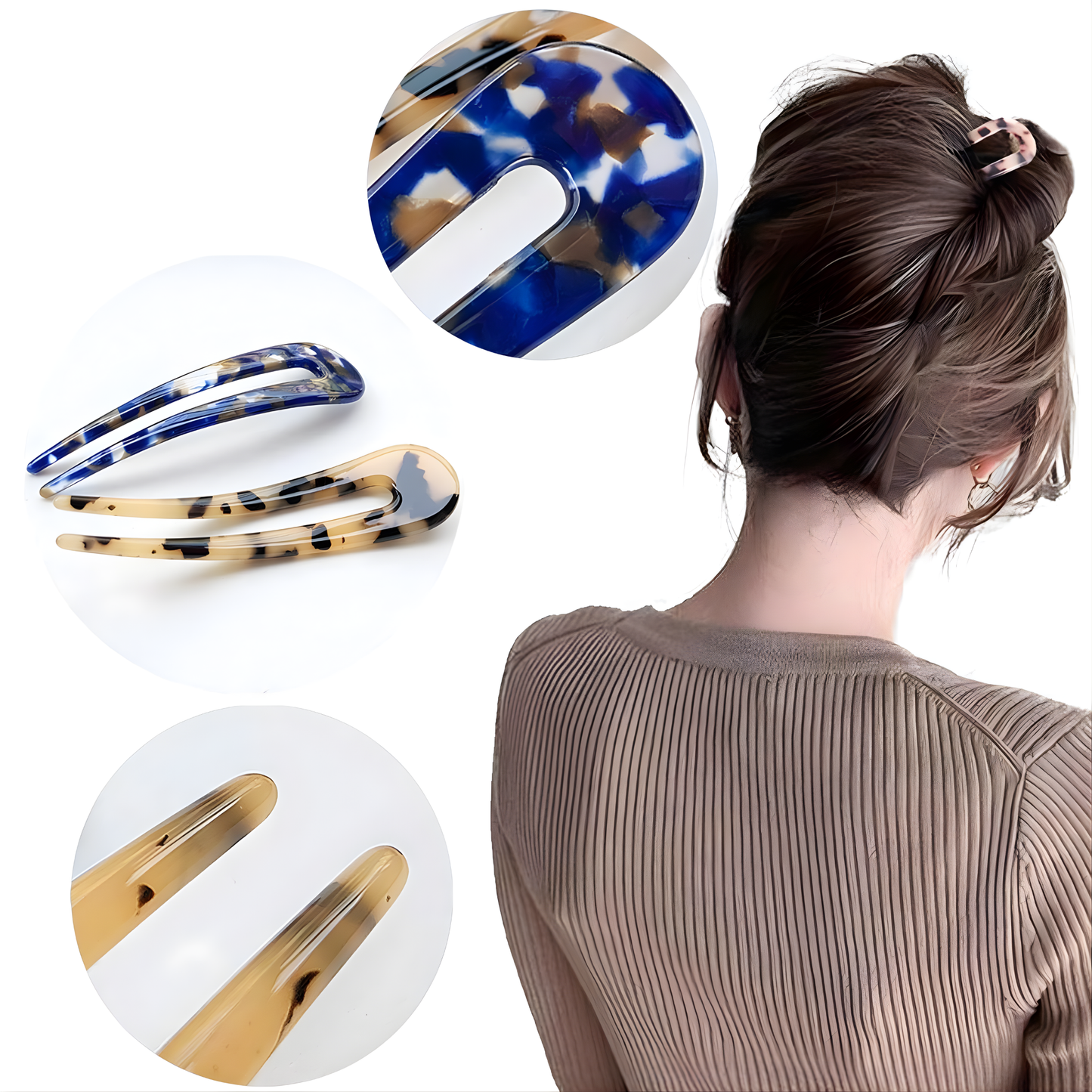 U-Shaped Hair Pin – 12 cm – Tortoise, Beige & Marble Blue
