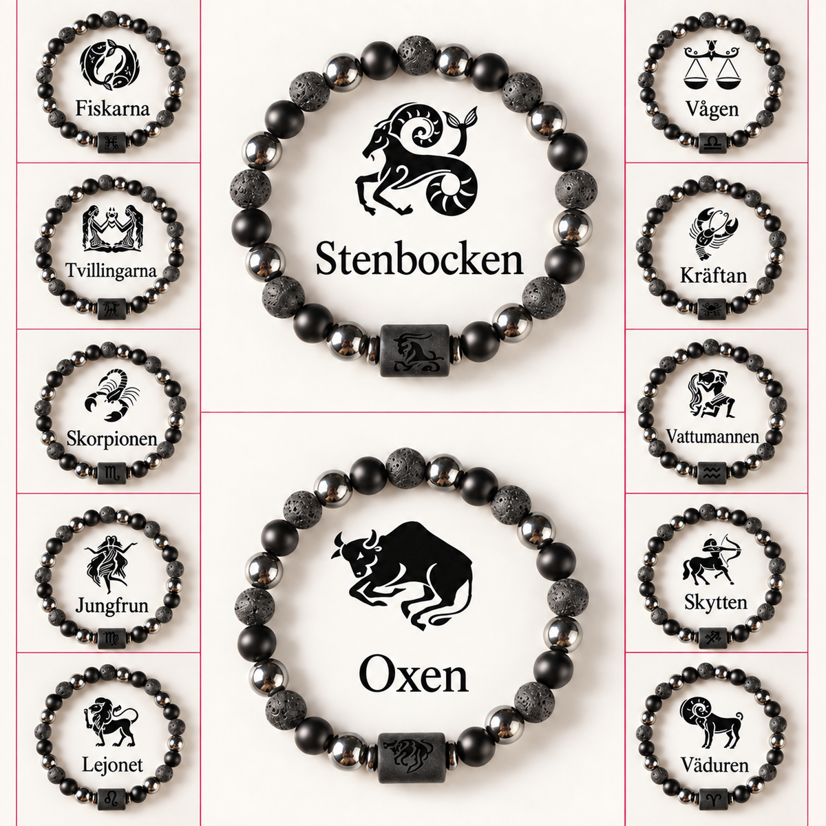 Stjärnteckenarmband i natursten med dubbelsidigt motiv – 12 stjärntecken
