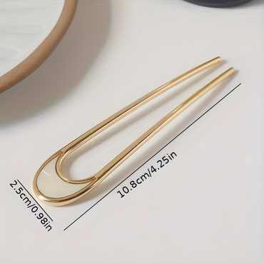 Metal U-Shaped French Gold Hair Pin with marble design